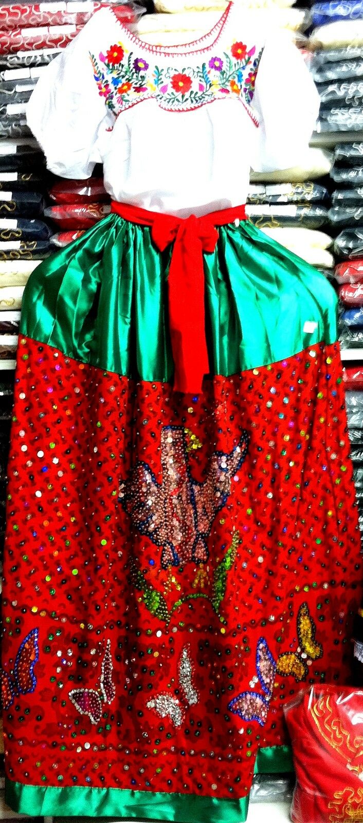 Puebla Mexican Dress w/ Belt Bata con Faja Vestido Flowers Red M/L 1 Size  1857 