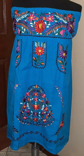 Campesino Turquoise Straples Womens Dress OSFA Multi Color Flower Embroidery New